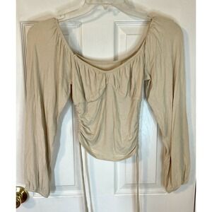 Beige Ruched Sweetheart Neck💗Lantern Sleeve Stretchy Crop Top Tie Sides